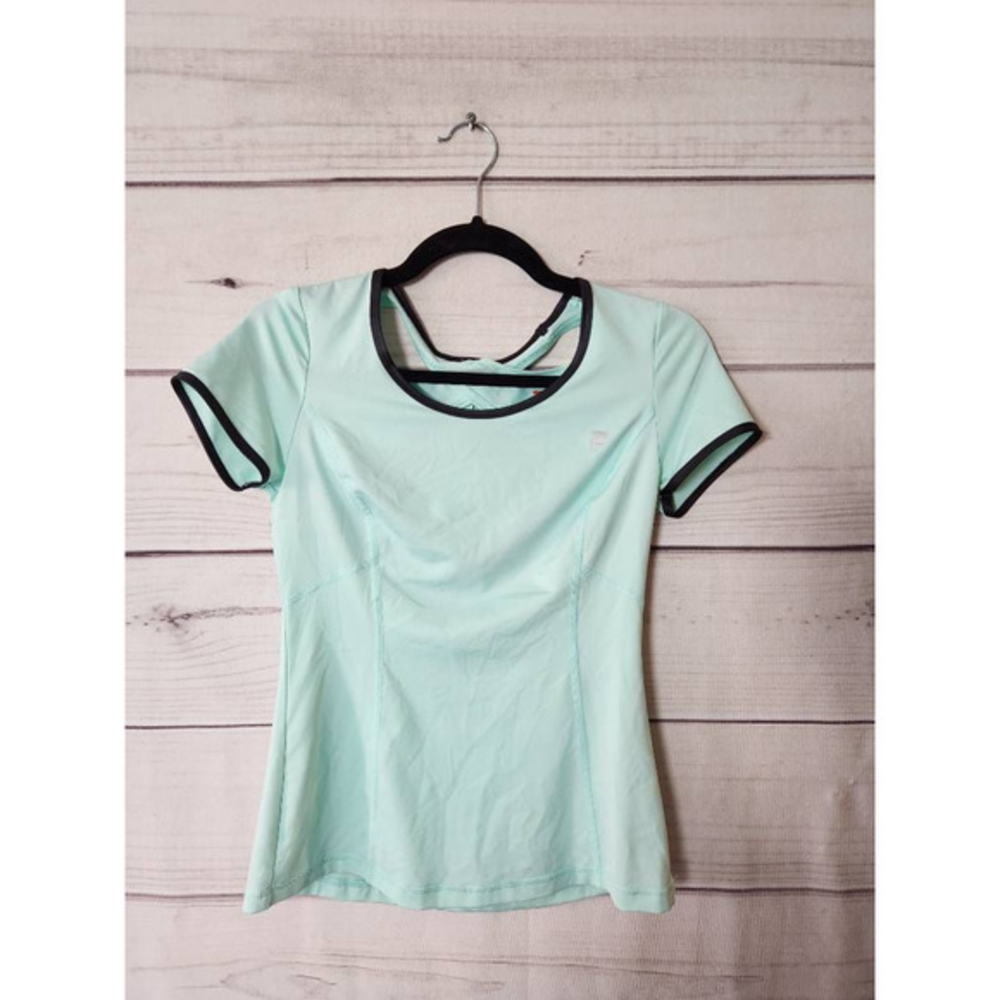 Fila Womens Shirt Top Light Turquoise Short Sleeve Scoop Neck Cross Back XS